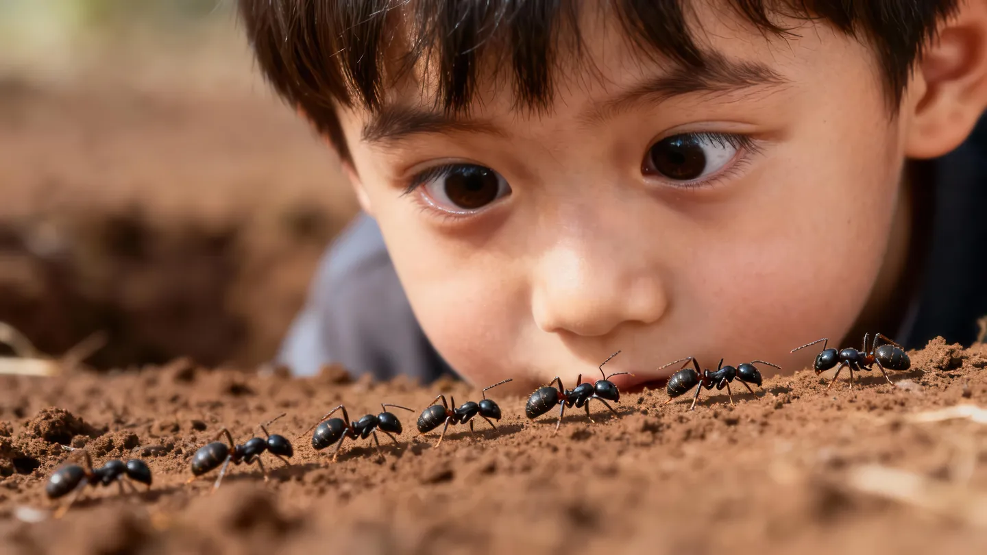 A young child looking closely at a line of black ants on soil.